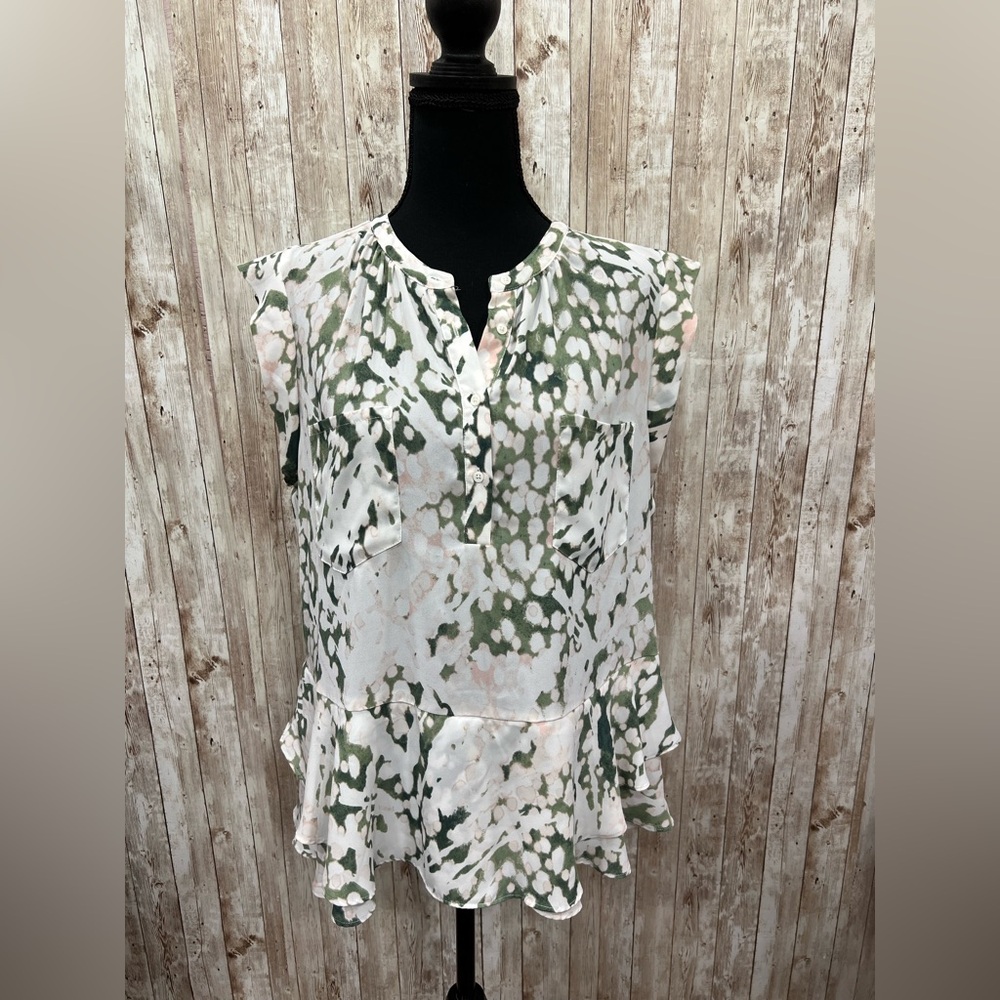 Mossimo Green Abstract Print Peplum Blouse |‎ Size L